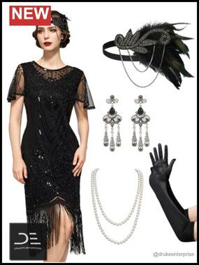 1920s Flapper Dress Lace Neck Fringe Short Sleeve Formal Prom Costume